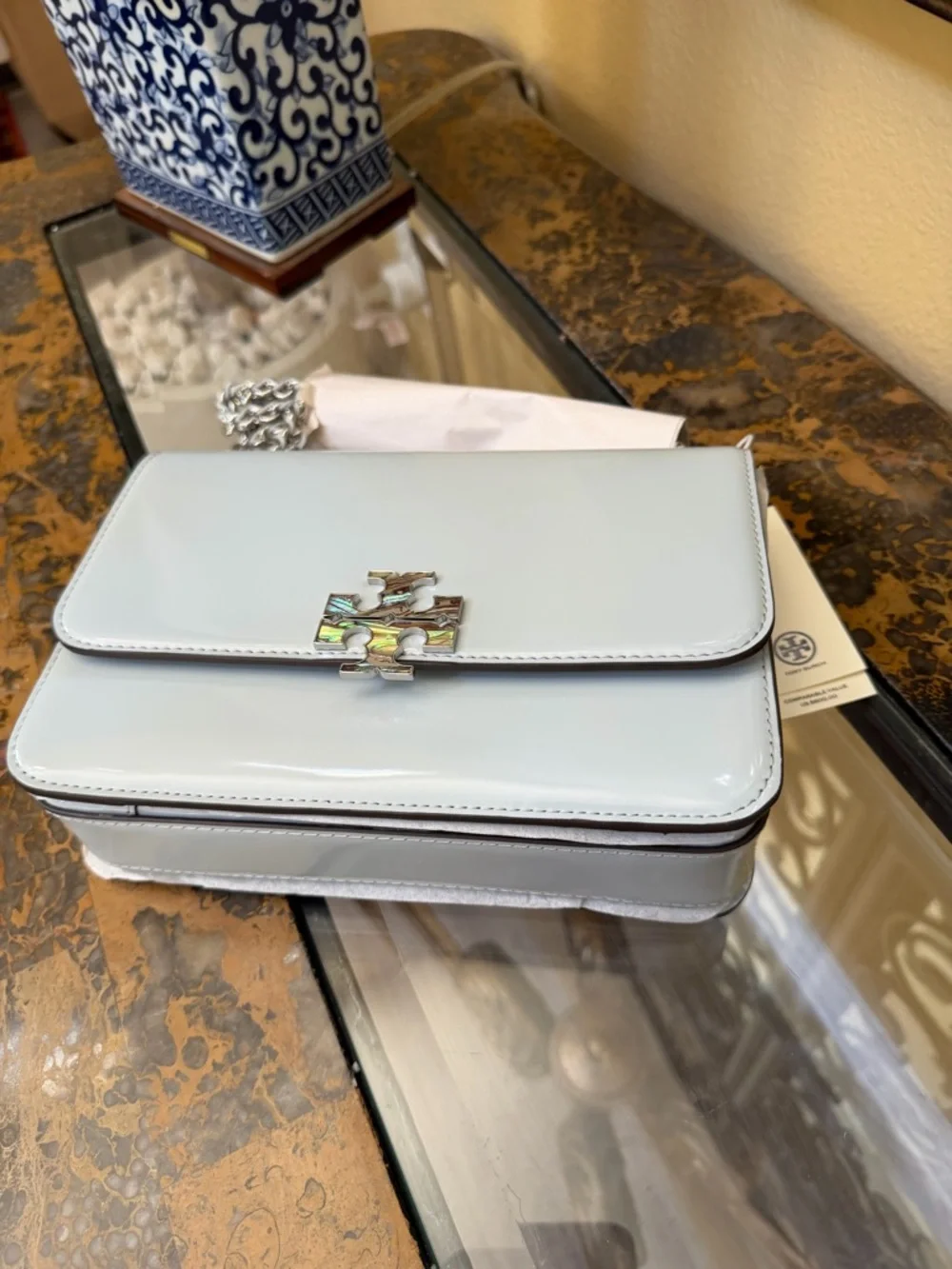 Tory Burch Britten Small Light Blue Glossy Patent Shoulder Bag - Picture 3 of 10